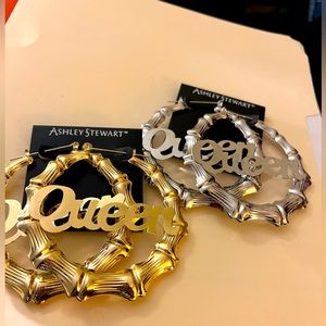 2 pairs “QUEEN" Bamboo Earrings  -Silver and Gold colors-   2 for 1 price Metal